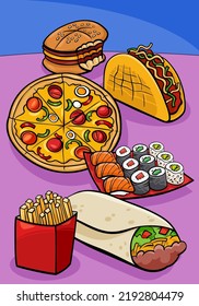 Cartoon illustration of food dishes and objects group