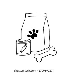 Cartoon illustration of food for pets. A pack and a can of feed and bone. Canned fish. Image on the subject of nutrition, veterinary medicine. Element for design, graphics.