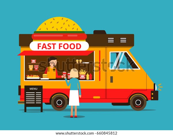 Cartoon
illustration of food truck on the street. Vector pictures in flat
style. Transportation car for fast food
delivery
