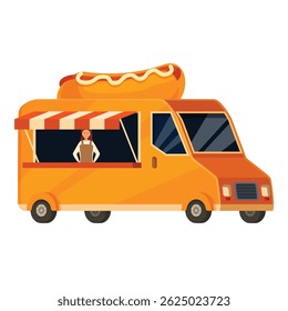 Cartoon illustration of a food truck selling hot dogs, with a female seller waiting for customers