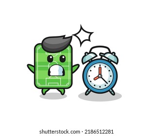 Cartoon Illustration of football field is surprised with a giant alarm clock , cute style design for t shirt, sticker, logo element