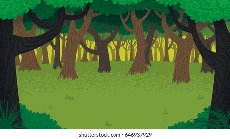 Cartoon illustration of forest with copy space. 