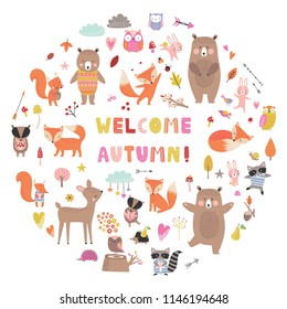 Cartoon illustration of forest cute animals and vector elements. Welcome autumn vector background.
