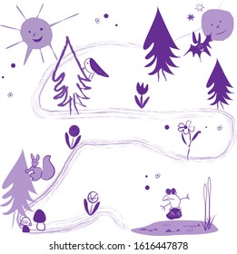 Cartoon illustration. Forest, day, night, forest dwellers. Frog, flowers, mushrooms, bird, pine trees, pond, sun, moon, squirrel.White background. Vector illustration for your business
