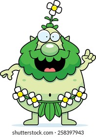 A cartoon illustration of a forest sprite with an idea.