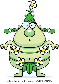 A cartoon illustration of a forest sprite looking surprised.