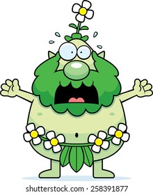 A cartoon illustration of a forest sprite looking scared.