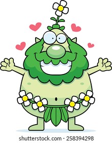 A cartoon illustration of a forest sprite ready to give a hug.