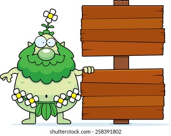 A cartoon illustration of a forest sprite with a sign.