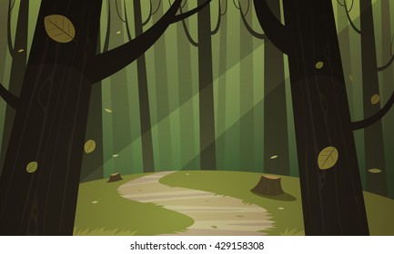 Cartoon illustration of the forest with trail.