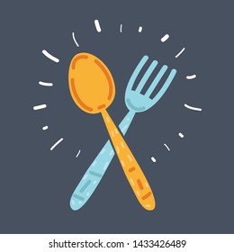 Cartoon illustration of Fork and spoon cartoon icon. Kitchen tool, cookware and kitchenware on dark background.