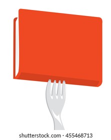 Cartoon illustration of fork stabbing a red book