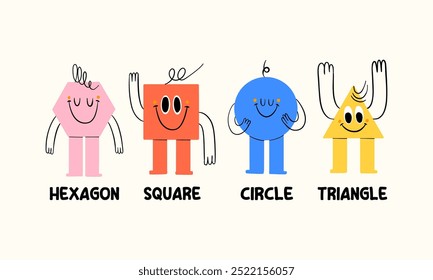 A cartoon illustration of four basic shapes with friendly smiles and names beneath them.