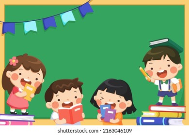 Cartoon illustration of four boys and girls in front of a blackboard discussing books they read in the classroom. Design for back to school