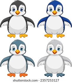 A cartoon illustration of four cute baby penguins isolated on a white background