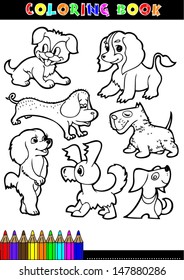 cartoon illustration of four cute dogs or puppies set for coloring book