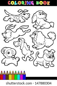 cartoon illustration of four cute dogs or puppies set for coloring book