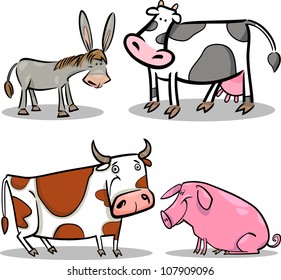 cartoon illustration of four cute farm animals set