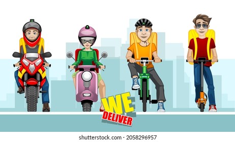 Cartoon illustration with four delivery men on different vehicles on the background of the city.