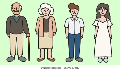 Cartoon illustration of four diverse people: elderly man, elderly woman, young man, young woman. Characters in casual and formal attire on a green background. Character element vector set.