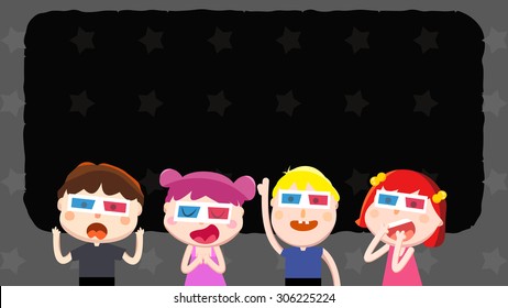 Cartoon Illustration Of Four Kids, Children, Boys And Girls Watching Funny Movie, Video Or Tv Program With 3d Glasses. Happy Family Gathering Time On The Weekend. Black Screen And Stars Background.