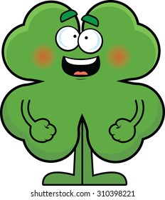 Cartoon illustration of a four leaf clover with a happy expression. 