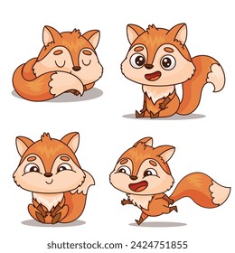 A cartoon illustration of four orange foxes with different facial expressions and poses, depicted using line art on a white background. Each fox has a distinct mammal tail.