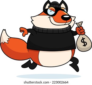 A cartoon illustration of a fox burglar stealing money.