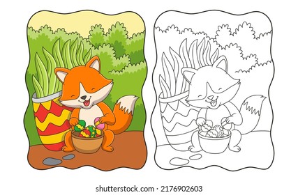 cartoon illustration a fox holding a container of colorful eggs behind a bush in the forest book or page for kids