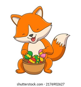 cartoon illustration a fox holding a container of colorful eggs behind a bush in the forest