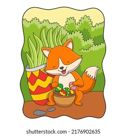 cartoon illustration a fox holding a container of colorful eggs behind a bush in the forest