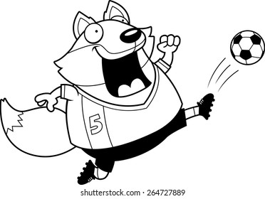 A cartoon illustration of a fox kicking a soccer ball.