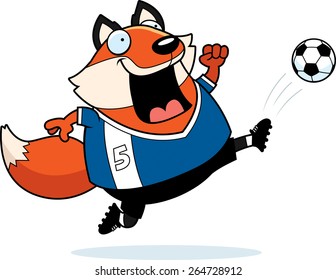 A cartoon illustration of a fox kicking a soccer ball.