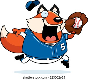 A cartoon illustration of a fox playing baseball.