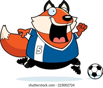 A cartoon illustration of a fox playing soccer.