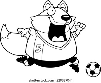A cartoon illustration of a fox playing soccer.