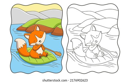 cartoon illustration the fox is riding a boat made of big tree leaves with an oar book or page for kids