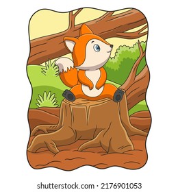 cartoon illustration a fox sitting and relaxing enjoying the weather during the day on the trunk of a big tree that was cut down