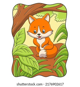 cartoon illustration a fox sitting under a big tree in the middle of the forest