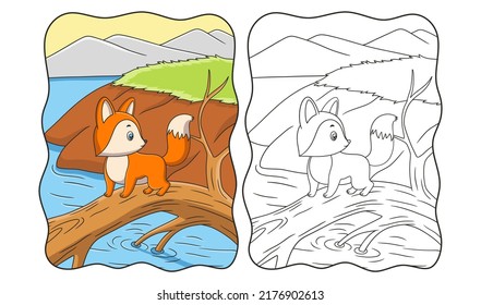 cartoon illustration a fox walking on a fallen log by the river book or page for kids