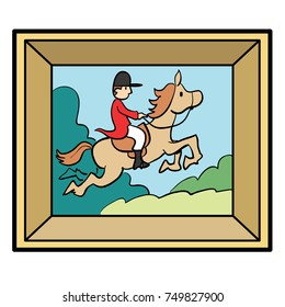 Cartoon illustration of a framed painting, art of a fox hunter of horseback rider jumping.