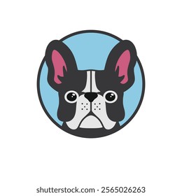 A cartoon illustration of a French Bulldog's face within a blue circle.