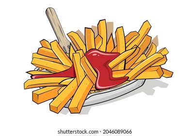 cartoon illustration of french fries with ketchup