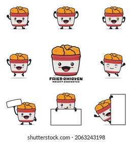 ilustración de dibujos animados de pollo frito en un cubo.  con expresiones faciales felices y poses diferentes, aisladas en un fondo blanco
