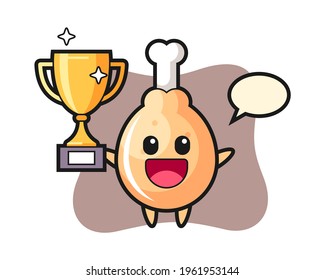 Cartoon illustration of fried chicken is happy holding up the golden trophy, cute style design for t shirt, sticker, logo element