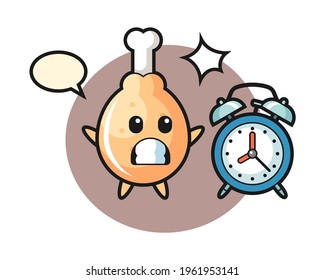 Cartoon illustration of fried chicken is surprised with a giant alarm clock, cute style design for t shirt, sticker, logo element