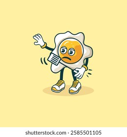 A cartoon illustration of a fried egg with legs and arms, holding a spatula, appears to be unwell or in pain.