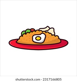 Cartoon illustration of fried rice with egg and vegetable isolated on white background.