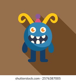 Cartoon illustration of a friendly blue monster wearing a party hat and smiling, perfect for children's projects 