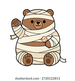 Ilustração em desenho animado de um urso pardo amigável vestido de múmia para o Halloween, segurando um pirulito colorido.